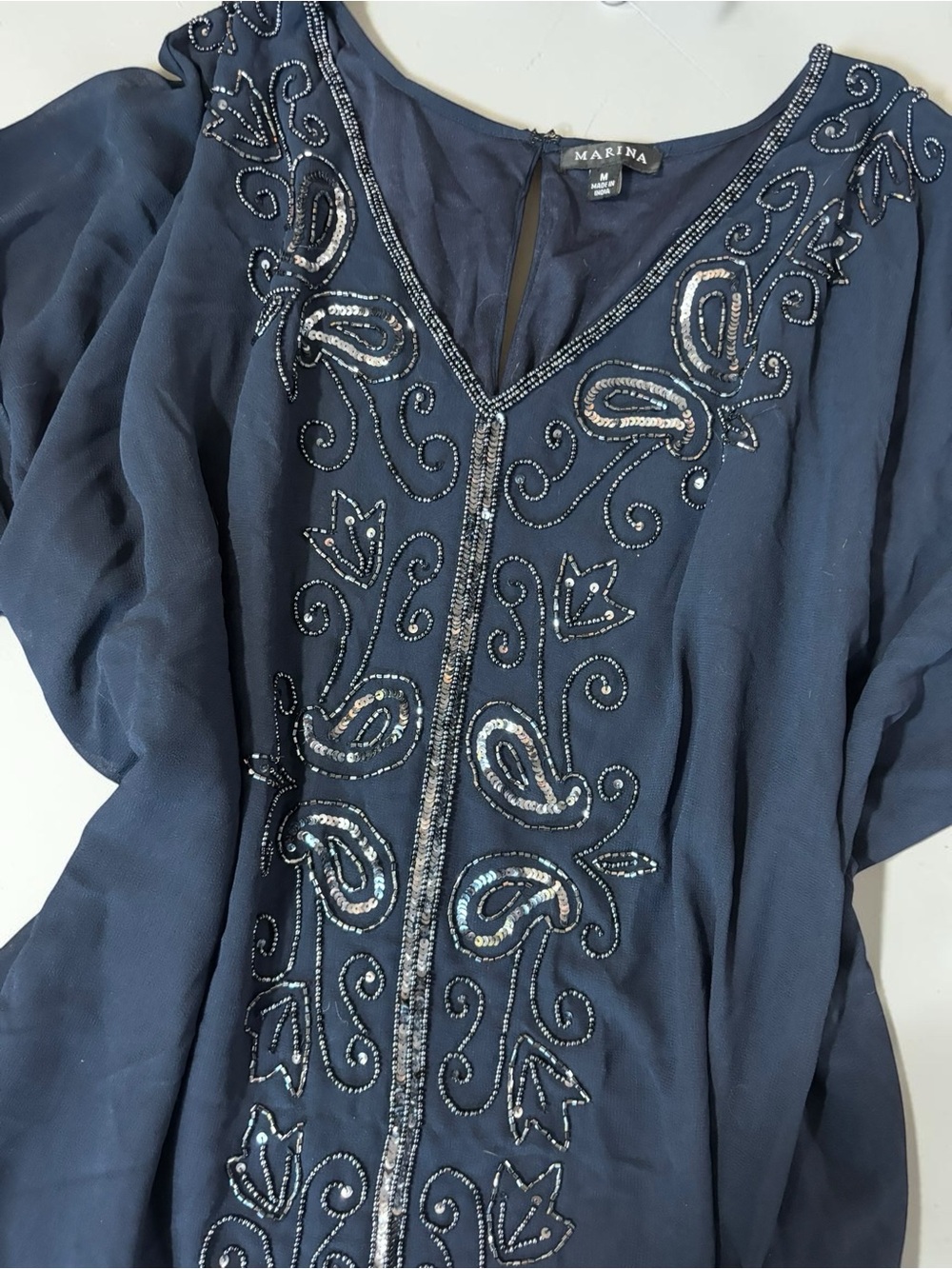 Marina Navy Sheer Beaded Sequin Tunic Top Bedazzled Y2K Glam M - Picture 10 of 12